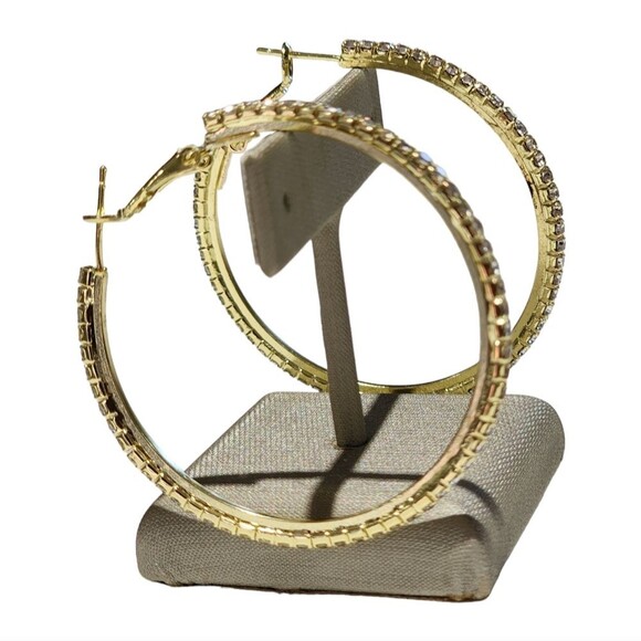 Bohemian Style Gold Plated Round Pave Rhinestone Oversized‎ Hoop Earrings 1.9in - Picture 8 of 16